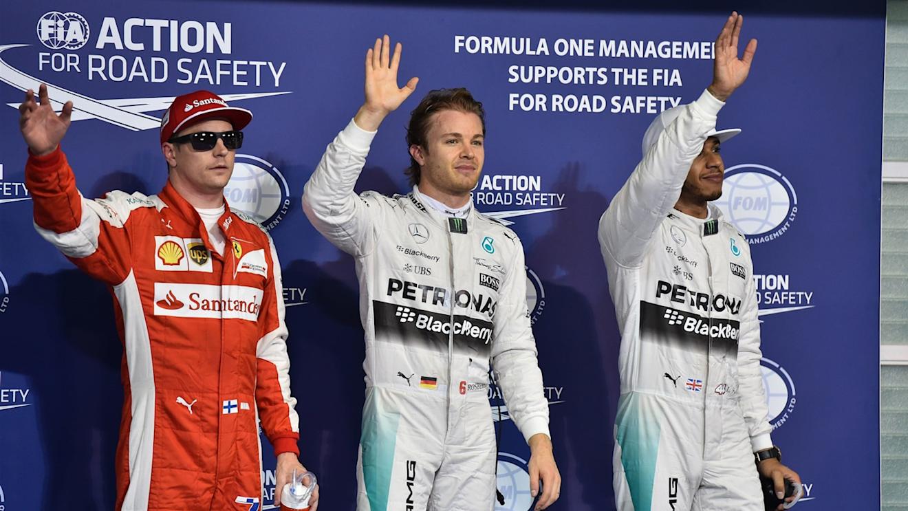 (L to R): Kimi Raikkonen (FIN) Ferrari, Pole sitter Nico Rosberg (GER) Mercedes AMG F1 and Lewis Hamilton (GBR) Mercedes AMG F1 celebrate in parc ferme at Formula One World Championship, Rd19, Abu Dhabi Grand Prix, Qualifying, Yas Marina Circuit, Abu Dhabi, UAE, Saturday 28 November 2015. © Sutton Motorsport Images