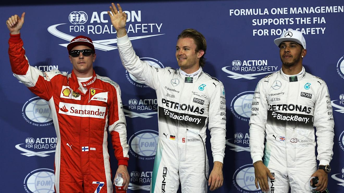 (L to R): Kimi Raikkonen (FIN) Ferrari, pole sitter Nico Rosberg (GER) Mercedes AMG F1 and Lewis Hamilton (GBR) Mercedes AMG F1 celebrate in parc ferme at Formula One World Championship, Rd19, Abu Dhabi Grand Prix, Qualifying, Yas Marina Circuit, Abu Dhabi, UAE, Saturday 28 November 2015. © Sutton Motorsport Images