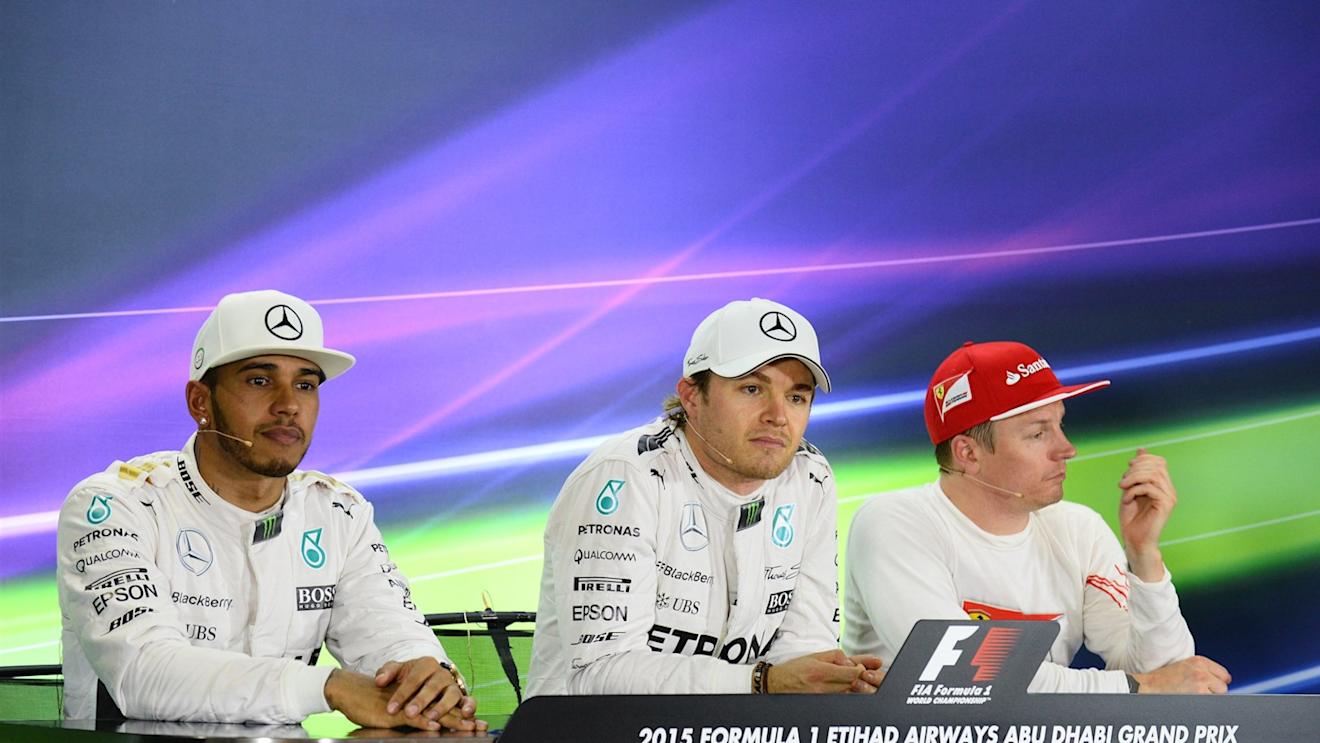 Lewis Hamilton (GBR) Mercedes AMG F1, Nico Rosberg (GER) Mercedes AMG F1 and Kimi Raikkonen (FIN) Ferrari in the press conference at Formula One World Championship, Rd19, Abu Dhabi Grand Prix, Qualifying, Yas Marina Circuit, Abu Dhabi, UAE, Saturday 28 November 2015. © Sutton Motorsport Images