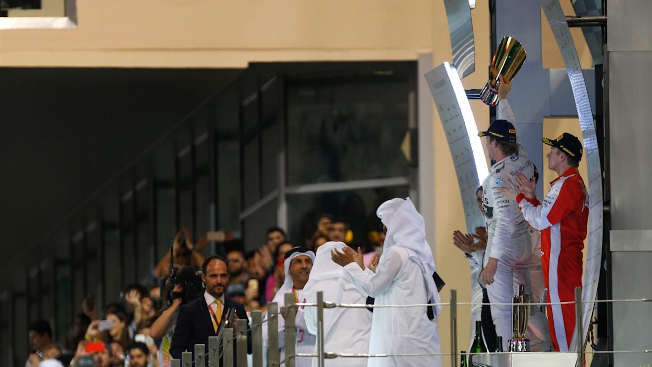 Race winner Nico Rosberg (GER) Mercedes AMG F1, Lewis Hamilton (GBR) Mercedes AMG F1 and Kimi Raikkonen (FIN) Ferrari celebrate on the podium at Formula One World Championship, Rd19, Abu Dhabi Grand Prix, Race, Yas Marina Circuit, Abu Dhabi, UAE, Sunday 29 November 2015. © Sutton Motorsport Images