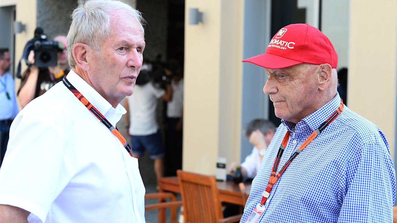Dr Helmut Marko (AUT) Red Bull Motorsport Consultant and Niki Lauda (AUT) Mercedes AMG F1 Non-Executive Chairman at Formula One World Championship, Rd19, Abu Dhabi Grand Prix, Race, Yas Marina Circuit, Abu Dhabi, UAE, Sunday 29 November 2015. © Sutton Motorsport Images