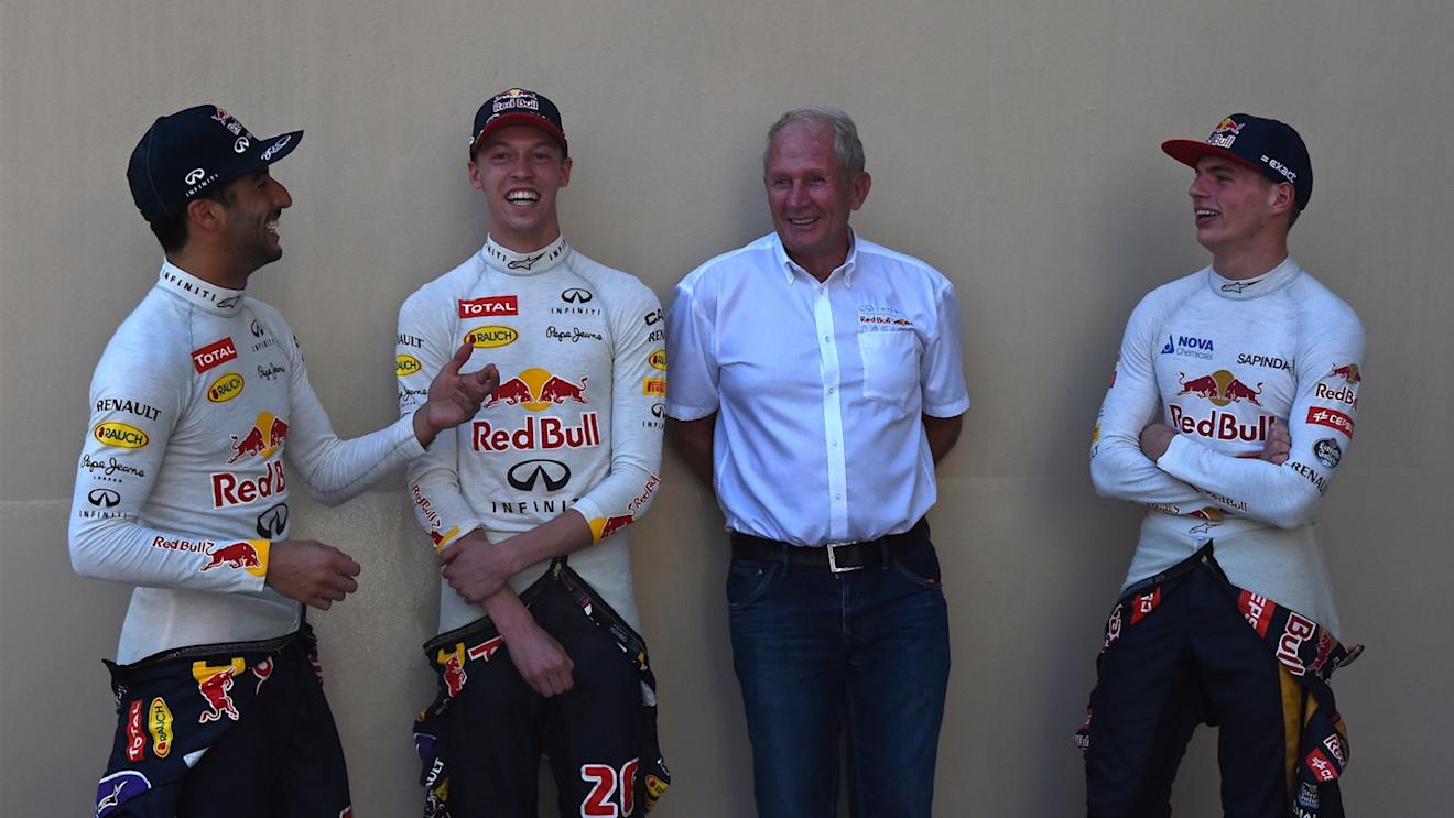 Dr Helmut Marko (AUT) Red Bull Motorsport Consultant with Daniel Ricciardo (AUS) Red Bull Racing, Daniil Kvyat (RUS) Red Bull Racing and Max Verstappen (NDL) Scuderia Toro Rosso at Formula One World Championship, Rd19, Abu Dhabi Grand Prix, Race, Yas Marina Circuit, Abu Dhabi, UAE, Sunday 29 November 2015. © Sutton Motorsport Images