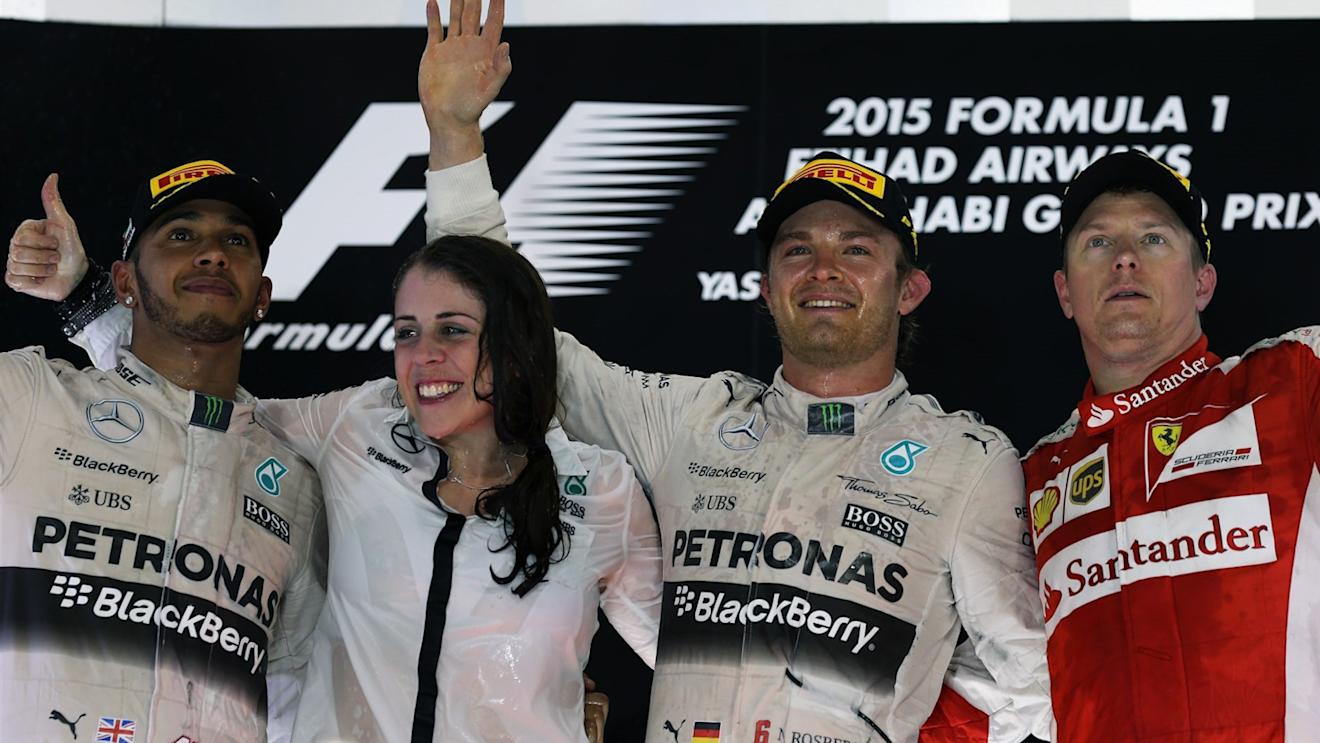 (L to R): Lewis Hamilton (GBR) Mercedes AMG F1, Kim Stevens (GBR) Mercedes AMG F1 Track Aerodynamicist, race winner Nico Rosberg (GER) Mercedes AMG F1 and Kimi Raikkonen (FIN) Ferrari celebrate on the podium at Formula One World Championship, Rd19, Abu Dhabi Grand Prix, Race, Yas Marina Circuit, Abu Dhabi, UAE, Sunday 29 November 2015. © Sutton Motorsport Images