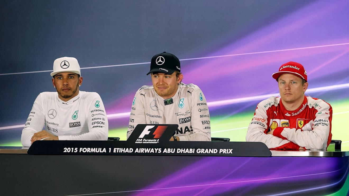 (L to R): Lewis Hamilton (GBR) Mercedes AMG F1, Nico Rosberg (GER) Mercedes AMG F1 and Kimi Raikkonen (FIN) Ferrari in the press conference at Formula One World Championship, Rd19, Abu Dhabi Grand Prix, Race, Yas Marina Circuit, Abu Dhabi, UAE, Sunday 29 November 2015. © Sutton Motorsport Images