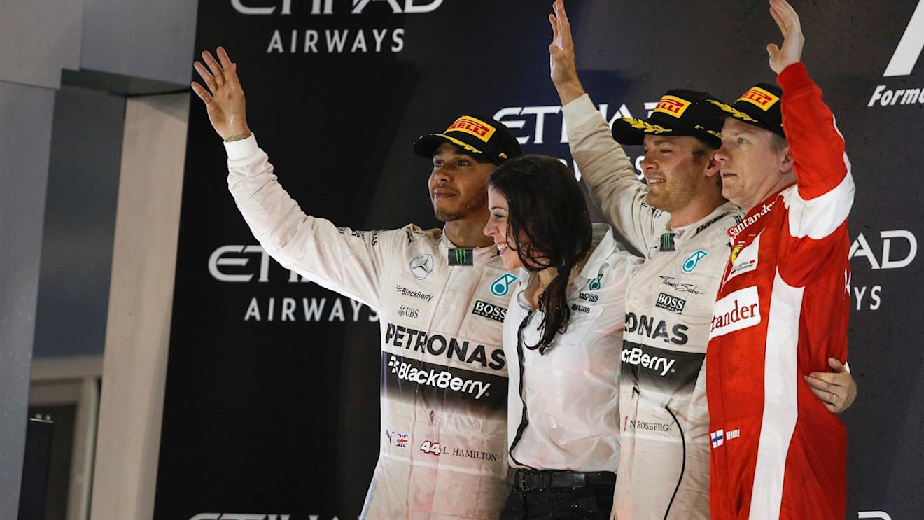 (L to R): Lewis Hamilton (GBR) Mercedes AMG F1, Kim Stevens (GBR) Mercedes AMG F1 Track Aerodynamicist, race winner Nico Rosberg (GER) Mercedes AMG F1 and Kimi Raikkonen (FIN) Ferrari celebrate on the podium at Formula One World Championship, Rd19, Abu Dhabi Grand Prix, Race, Yas Marina Circuit, Abu Dhabi, UAE, Sunday 29 November 2015. © Sutton Motorsport Images