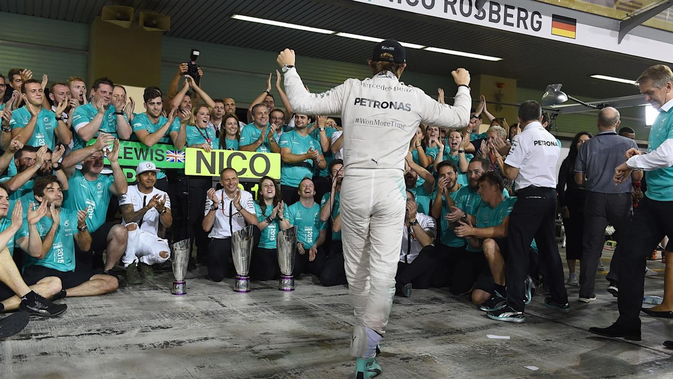 Nico Rosberg (GER) Mercedes AMG F1 celebrates with the team at Formula One World Championship, Rd19, Abu Dhabi Grand Prix, Race, Yas Marina Circuit, Abu Dhabi, UAE, Sunday 29 November 2015. © Sutton Motorsport Images
