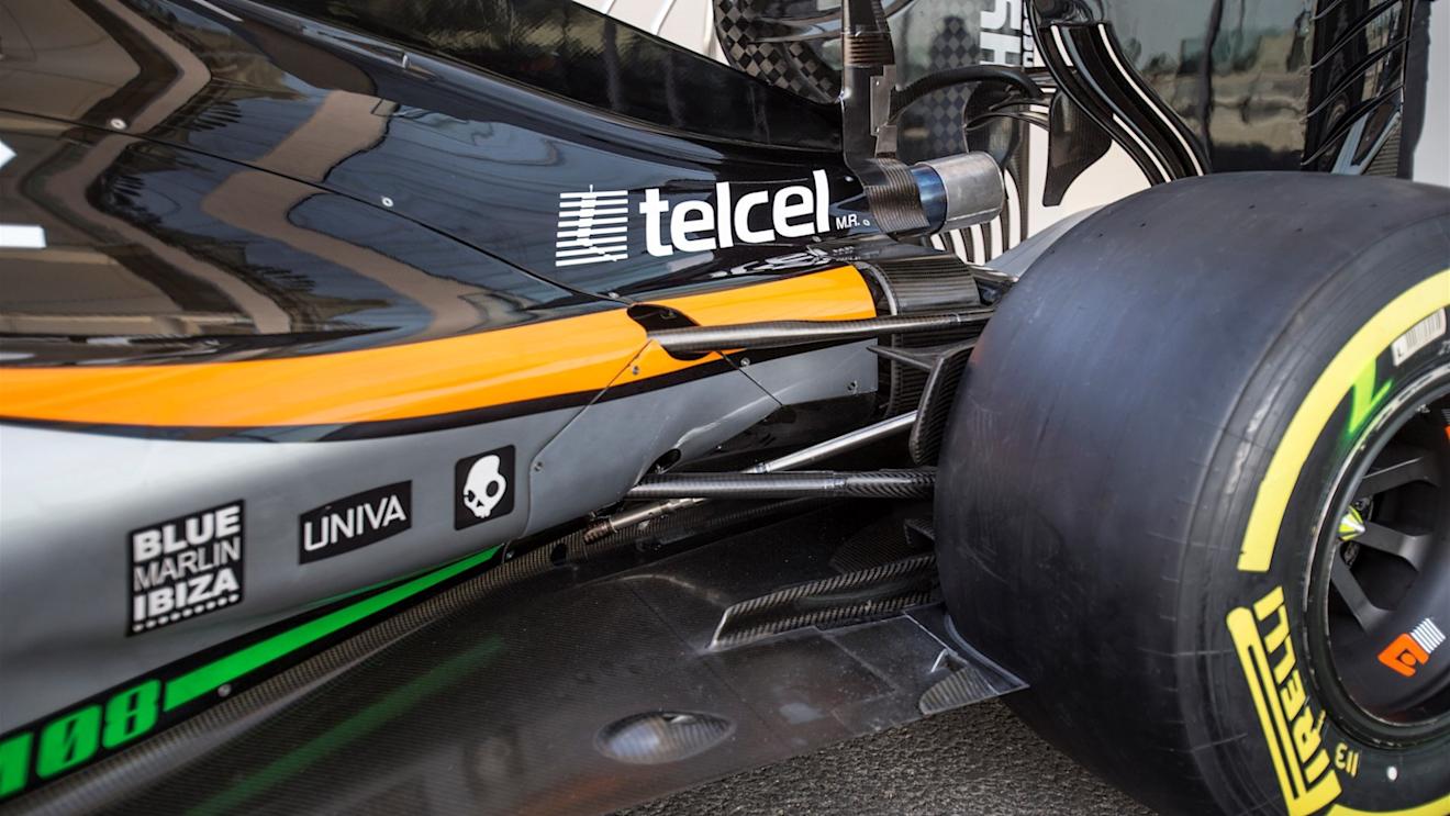 Force India VJM08 rear floor and rear suspension at Formula One World Championship, Rd19, Abu Dhabi Grand Prix, Preparations, Yas Marina Circuit, Abu Dhabi, UAE, Thursday 26 November 2015. © Sutton Motorsport Images