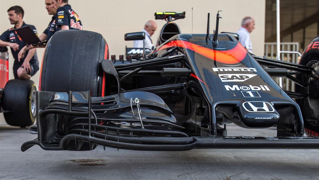 McLaren MP4-30 front wing detail at Formula One World Championship, Rd19, Abu Dhabi Grand Prix, Preparations, Yas Marina Circuit, Abu Dhabi, UAE, Thursday 26 November 2015. © Sutton Motorsport Images