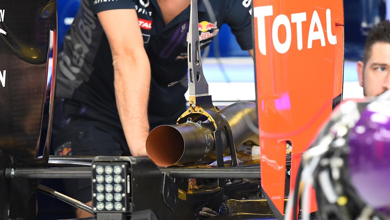 Red Bull Racing RB11 exhaust detail at Formula One World Championship, Rd19, Abu Dhabi Grand Prix, Preparations, Yas Marina Circuit, Abu Dhabi, UAE, Thursday 26 November 2015. © Sutton Motorsport Images
