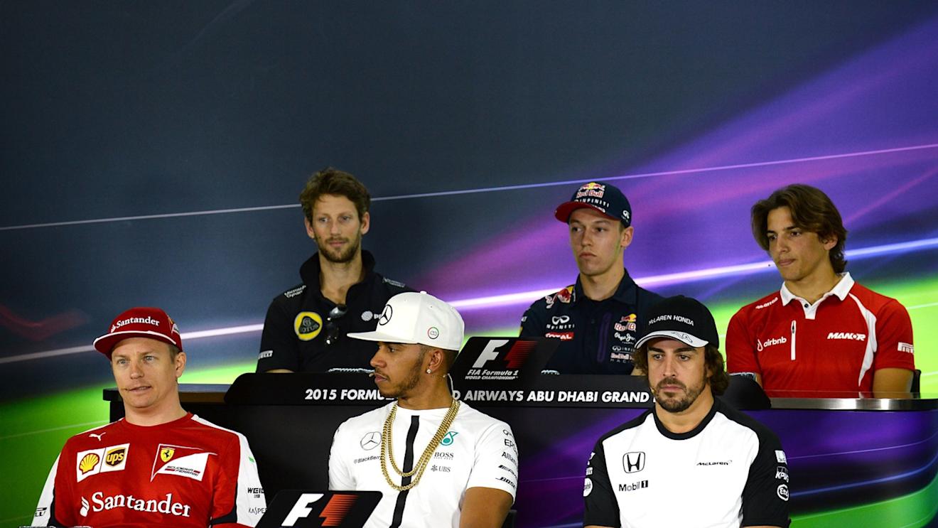 Romain Grosjean (FRA) Lotus F1, Daniil Kyvat (RUS) Red Bull Racing, Roberto Merhi (ESP) Marussia, Kimi Raikkonen (FIN) Ferrari, Lewis Hamilton (GBR) Mercedes AMG F1 and Fernando Alonso (ESP) McLaren in the press conferenceat Formula One World Championship, Rd19, Abu Dhabi Grand Prix, Preparations, Yas Marina Circuit, Abu Dhabi, UAE, Thursday 26 November 2015. © Sutton Motorsport Images