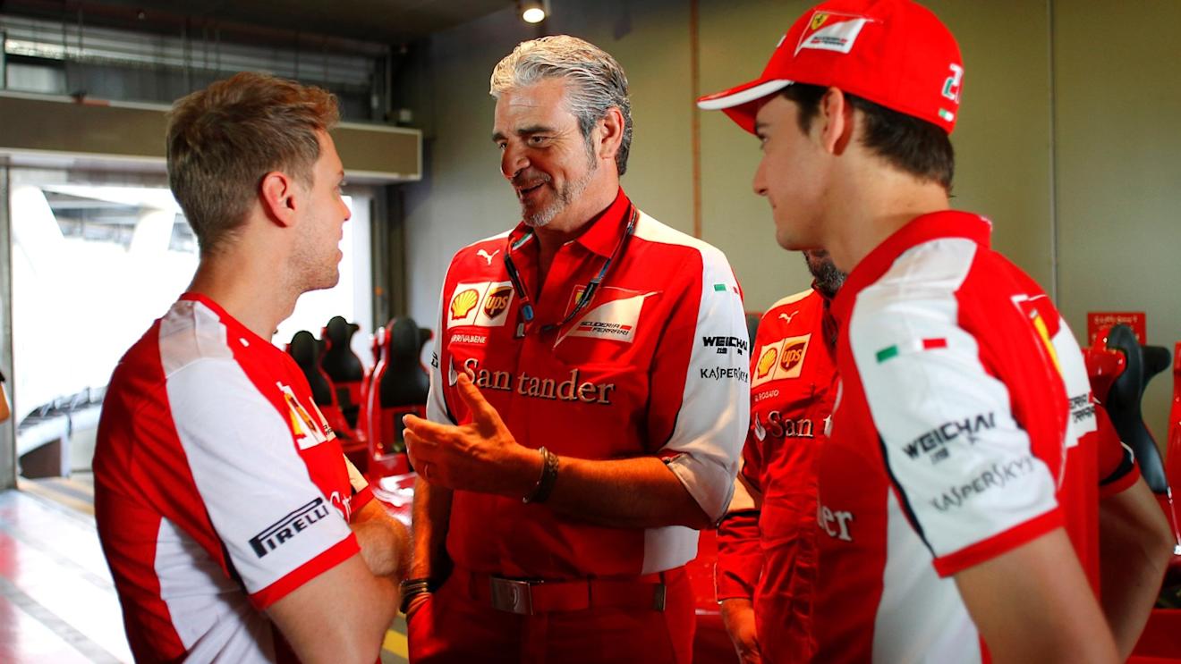 Sebastian Vettel (GER) Ferrari, Maurizio Arrivabene (ITA) Ferrari Team Principal and Esteban Gutierrez (MEX) Ferrari Test and Reserve Driver at a Santander event at Formula One World Championship, Rd19, Abu Dhabi Grand Prix, Preparations, Yas Marina Circuit, Abu Dhabi, UAE, Thursday 26 November 2015. © Sutton Motorsport Images