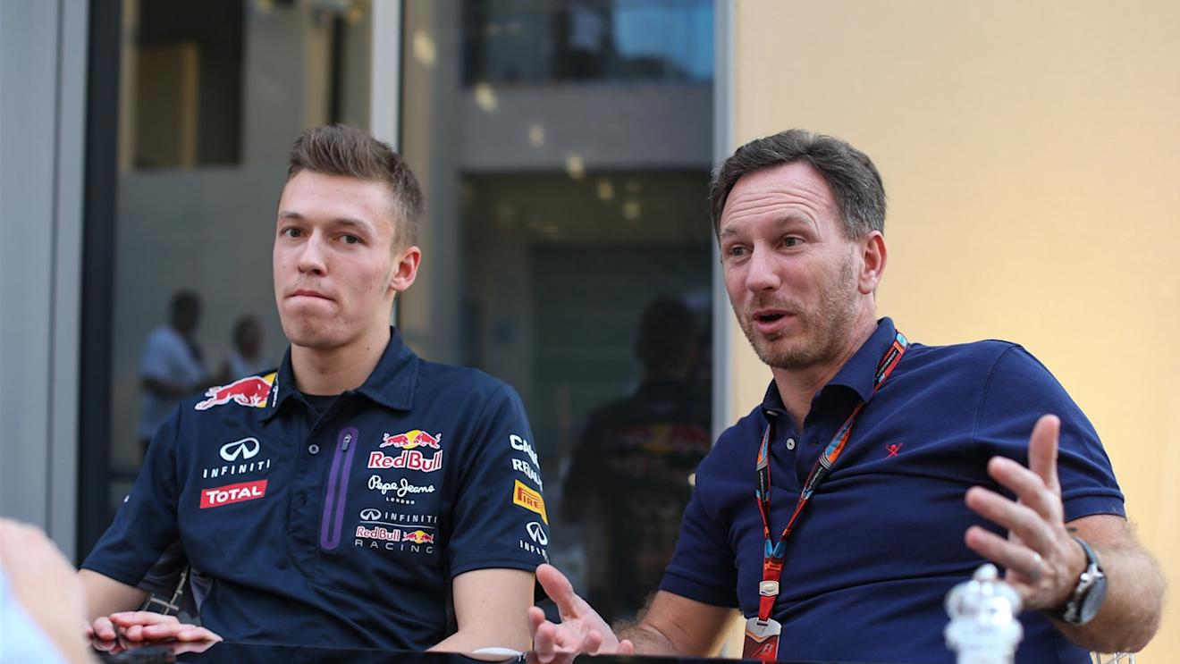 Daniil Kyvat (RUS) Red Bull Racing and Christian Horner (GBR) Red Bull Racing Team Principal at Formula One World Championship, Rd19, Abu Dhabi Grand Prix, Preparations, Yas Marina Circuit, Abu Dhabi, UAE, Thursday 26 November 2015. © Sutton Motorsport Images