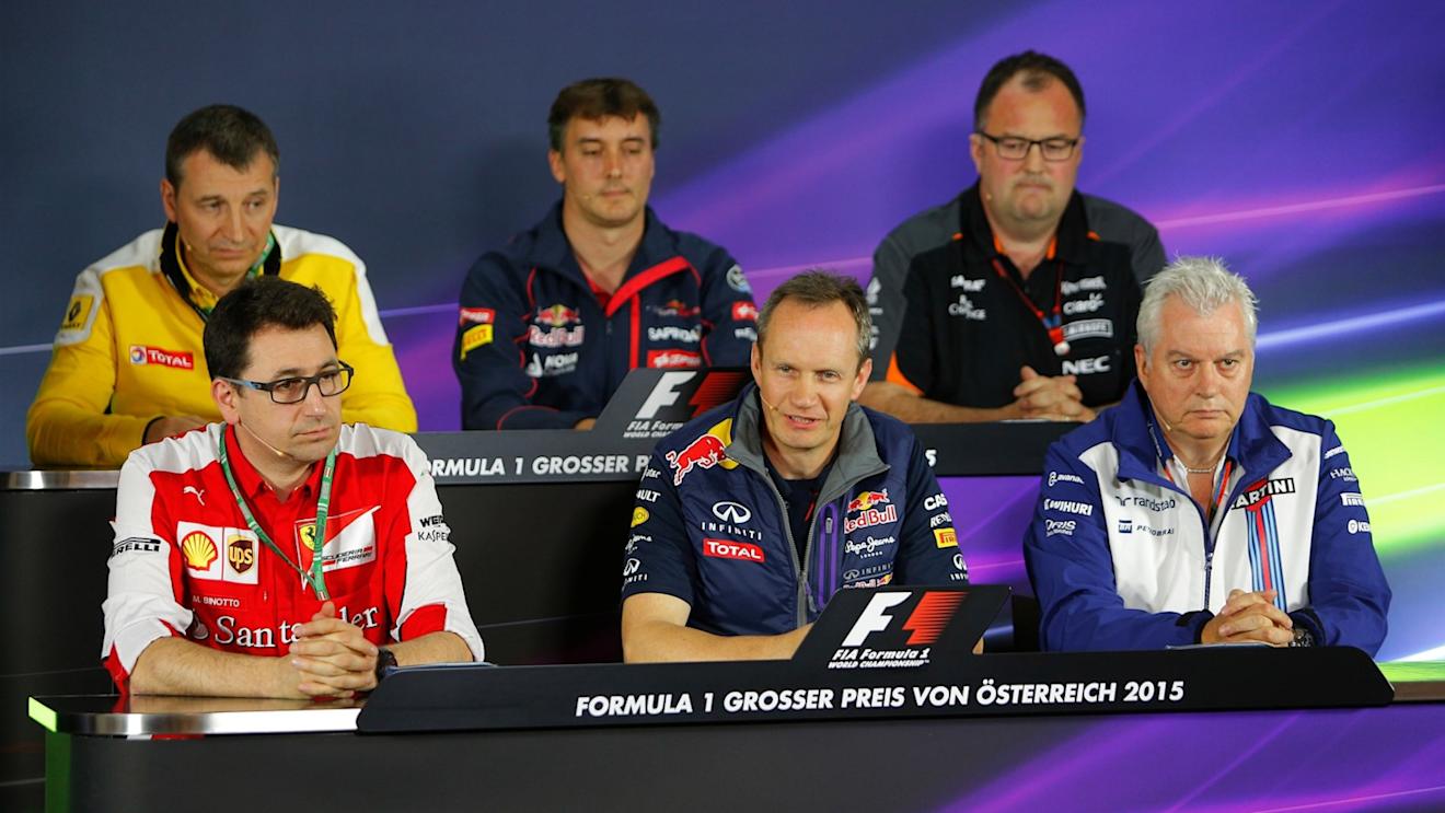 (L to R): Rob White (GBR) Renault Sport, James Key (GBR) Scuderia Toro Rosso Technical Director, Tom McCullough (GBR) Force India F1 Team Chief Engineer, Mattia Binotto (ITA) Ferrari Race Engine Manager, Paul Monaghan (GBR) Red Bull Racing Chief Engineer and Pat Symonds (GBR) Williams Technical Director in the Press Conference at Formula One World Championship, Rd8, Austrian Grand Prix, Practice, Spielberg, Austria, Friday 19 June 2015. © Sutton Motorsport Images
