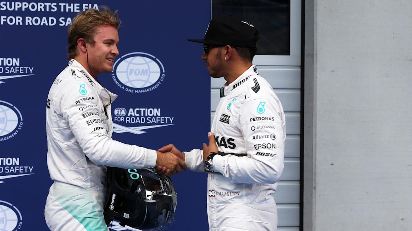 Nico Rosberg (GER) Mercedes AMG F1 and pole sitter Lewis Hamilton (GBR) Mercedes AMG F1 in parc ferme at Formula One World Championship, Rd8, Austrian Grand Prix, Qualifying, Spielberg, Austria, Saturday 20 June 2015. © Sutton Motorsport Images