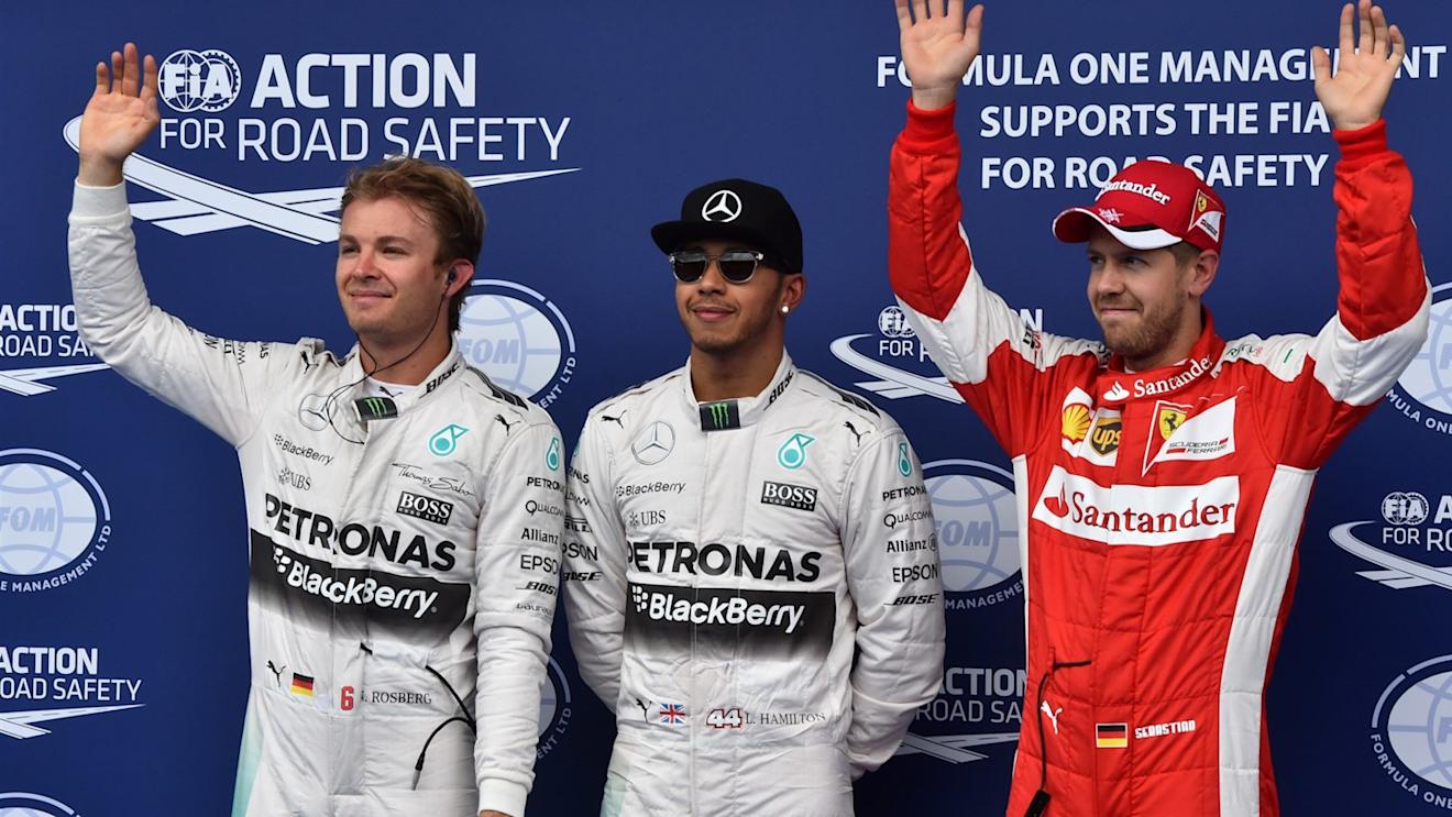 Nico Rosberg (GER) Mercedes AMG F1, pole sitter Lewis Hamilton (GBR) Mercedes AMG F1 and Sebastian Vettel (GER) Ferrari celebrate in parc ferme at Formula One World Championship, Rd8, Austrian Grand Prix, Qualifying, Spielberg, Austria, Saturday 20 June 2015. © Sutton Motorsport Images