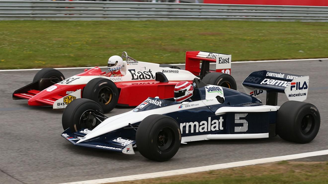 Nelson Piquet (BRA) Brabham BT52B and Christian Danner (GER) Zakspeed at the Legends Parade at Formula One World Championship, Rd8, Austrian Grand Prix, Qualifying, Spielberg, Austria, Saturday 20 June 2015. © Sutton Motorsport Images