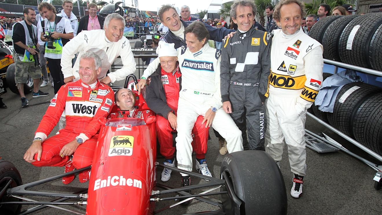 Gerhard Berger (AUT) Ferrari F1/87-88C with (L to R): Christian Danner (GER), Riccardo Patrese (ITA), Niki Lauda (AUT), Jean Alesi (FRA), Nelson PIquet (BRA), Alain Prost (FRA) and Pierluigi Martini (ITA) at the Legends Parade at Formula One World Championship, Rd8, Austrian Grand Prix, Qualifying, Spielberg, Austria, Saturday 20 June 2015. © Sutton Motorsport Images