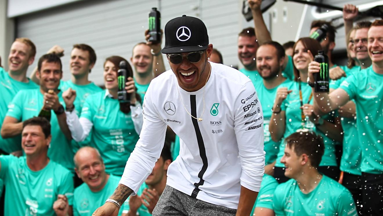 Second placed Lewis Hamilton (GBR) Mercedes AMG F1 celebrates with the team at Formula One World Championship, Rd8, Austrian Grand Prix, Race, Spielberg, Austria, Sunday 21 June 2015. © Sutton Motorsport Images
