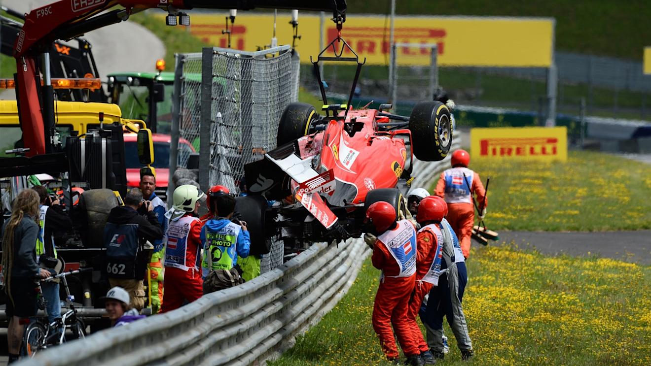 The crashed car of Kimi Raikkonen (FIN) Ferrari SF15-T at Formula One World Championship, Rd8, Austrian Grand Prix, Race, Spielberg, Austria, Sunday 21 June 2015. © Sutton Motorsport Images