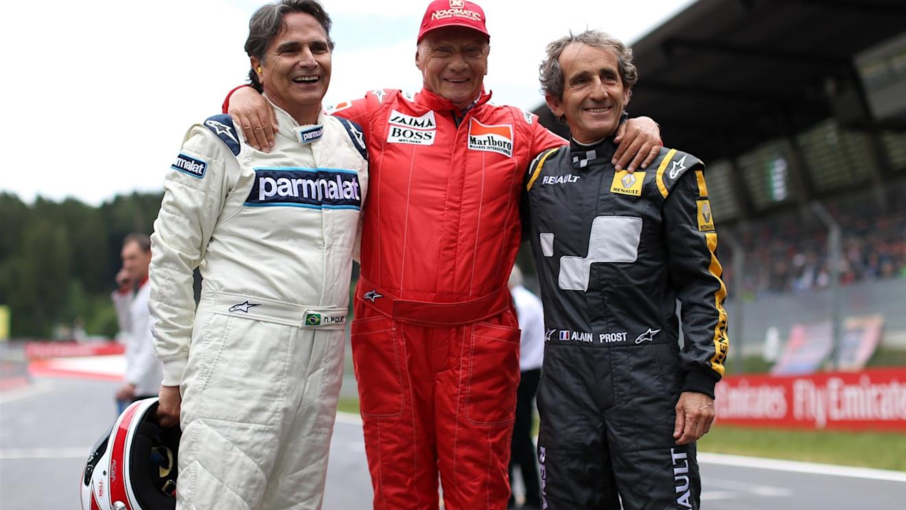 (L to R): Nelson Piquet (BRA), Niki Lauda (AUT) Mercedes AMG F1 Non-Executive Chairman and Alain Prost (FRA) at the Legends Parade at Formula One World Championship, Rd8, Austrian Grand Prix, Race, Spielberg, Austria, Sunday 21 June 2015. © Sutton Motorsport Images
