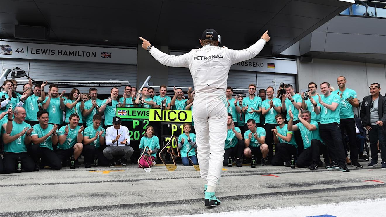 Race winner Nico Rosberg (GER) Mercedes AMG celebrates with the team at Formula One World Championship, Rd8, Austrian Grand Prix, Race, Spielberg, Austria, Sunday 21 June 2015. © Sutton Motorsport Images