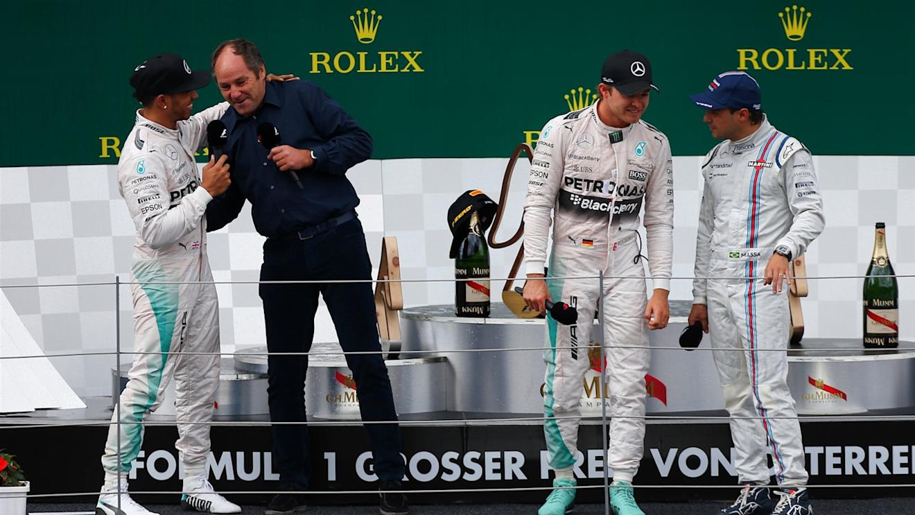 Lewis Hamilton (GBR) Mercedes AMG F1 W06, Gerhard Berger (AUT), Nico Rosberg (GER) Mercedes AMG F1 and Felipe Massa (BRA) Williams on the podium at Formula One World Championship, Rd8, Austrian Grand Prix, Race, Spielberg, Austria, Sunday 21 June 2015. © Sutton Motorsport Images
