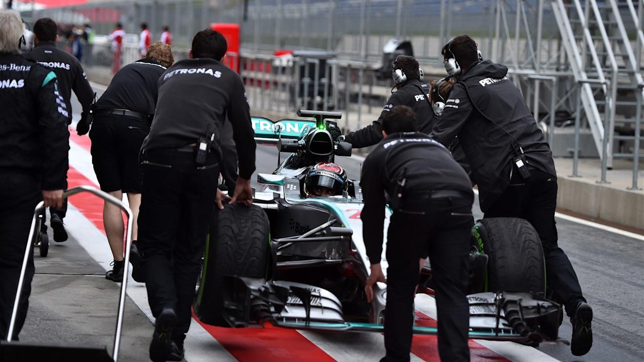 Pascal Wehrlein (GER) Mercedes AMG F1 W06 is pushed in pit lane by the Mercedes AMG F1 mechanics at Formula One Testing, Day One, Spielberg, Austria, Tuesday 23 June 2015. © Sutton Motorsport Images