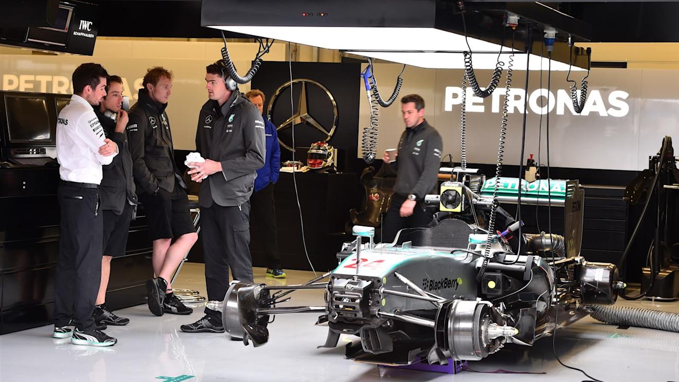 Mercedes AMG F1 W06 in the garage at Formula One Testing, Day One, Spielberg, Austria, Tuesday 23 June 2015. © Sutton Motorsport Images