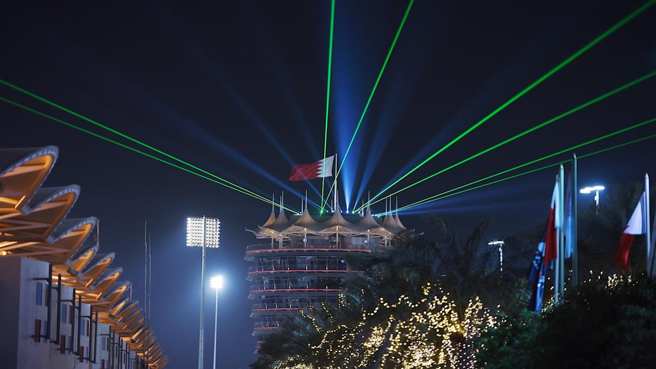 Laser lights on the Sakhir tower at night at Formula One World Championship, Rd4, Bahrain Grand Prix Practice, Bahrain International Circuit, Sakhir, Bahrain, Friday 17 April 2015. © Sutton Motorsport Images