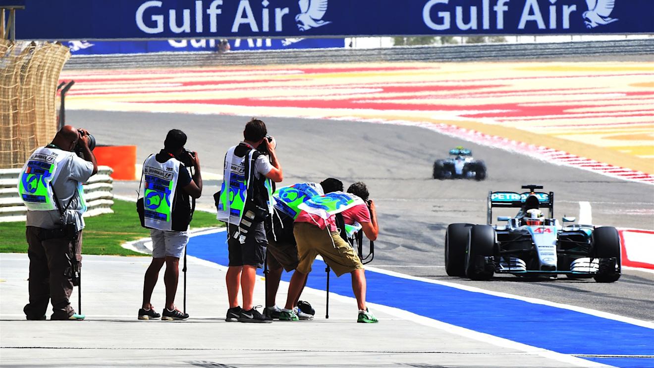 Photographers and Lewis Hamilton (GBR) Mercedes AMG F1 at Formula One World Championship, Rd4, Bahrain Grand Prix Practice, Bahrain International Circuit, Sakhir, Bahrain, Friday 17 April 2015. © Sutton Motorsport Images