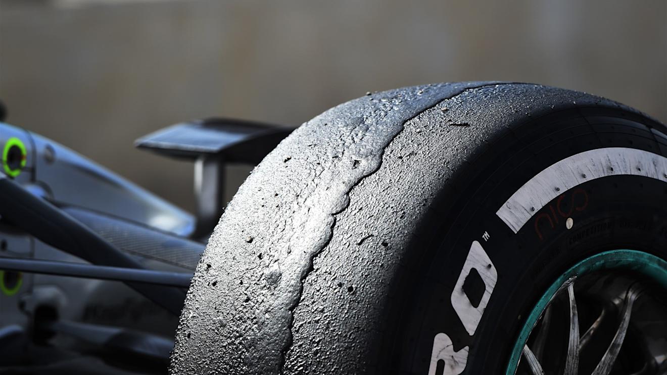 Mercedes AMG F1 W06 Pirelli tyre detail at Formula One World Championship, Rd4, Bahrain Grand Prix Practice, Bahrain International Circuit, Sakhir, Bahrain, Friday 17 April 2015. © Sutton Motorsport Images