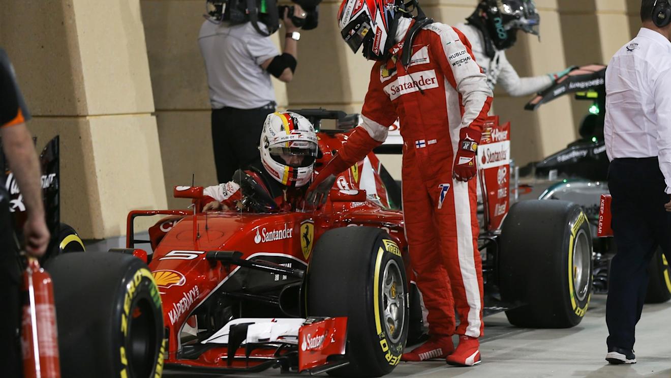 Sebastian Vettel (GER) Ferrari SF15-T and Kimi Raikkonen (FIN) Ferrari in parc ferme at Formula One World Championship, Rd4, Bahrain Grand Prix Qualifying, Bahrain International Circuit, Sakhir, Bahrain, Saturday 18  April 2015. © Sutton Motorsport Images