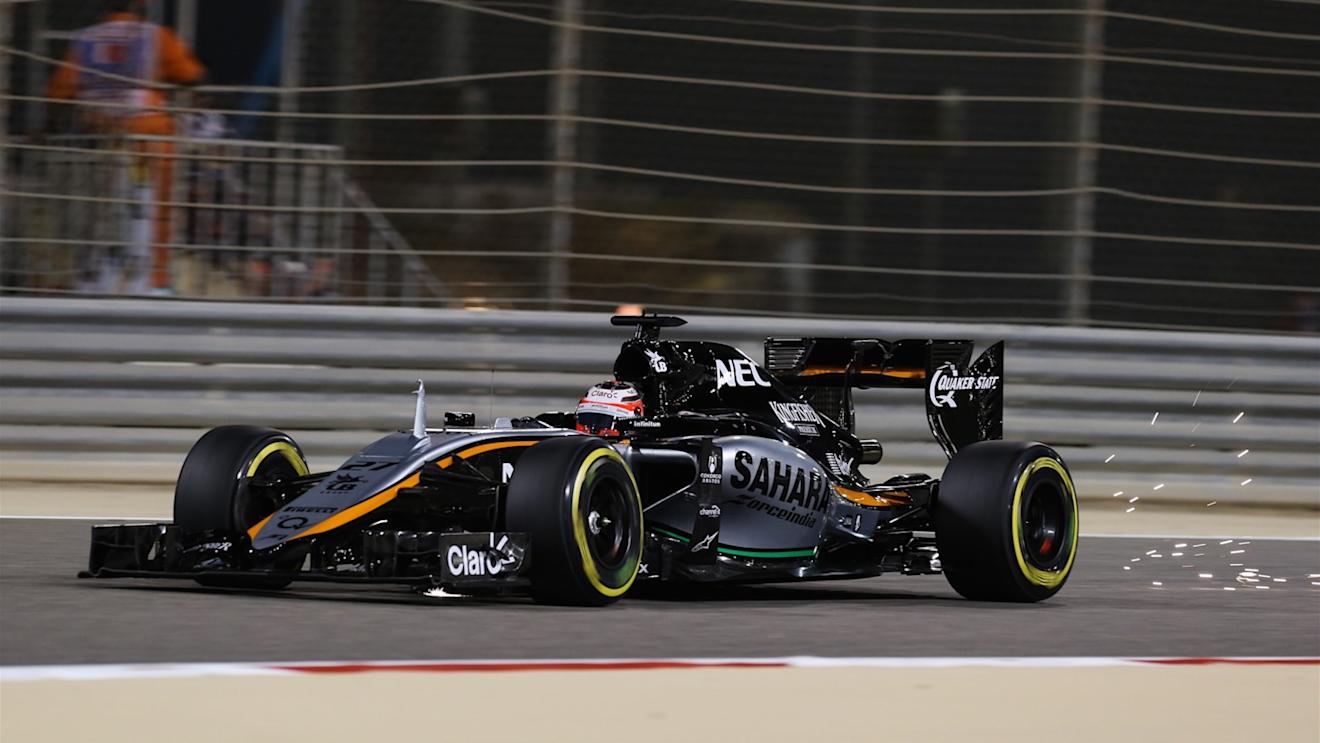 Nico Hulkenberg (GER) Force India VJM08 sparks at Formula One World Championship, Rd4, Bahrain Grand Prix Qualifying, Bahrain International Circuit, Sakhir, Bahrain, Saturday 18  April 2015. © Sutton Motorsport Images