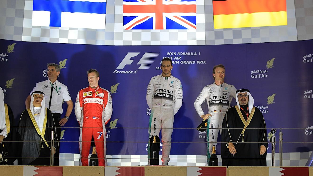 (L to R): Kimi Raikkonen (FIN) Ferrari, race winner Lewis Hamilton (GBR) Mercedes AMG F1 and Nico Rosberg (GER) Mercedes AMG F1 celebrate on the podium at Formula One World Championship, Rd4, Bahrain Grand Prix Race, Bahrain International Circuit, Sakhir, Bahrain, Sunday 19  April 2015. © Sutton Motorsport Images