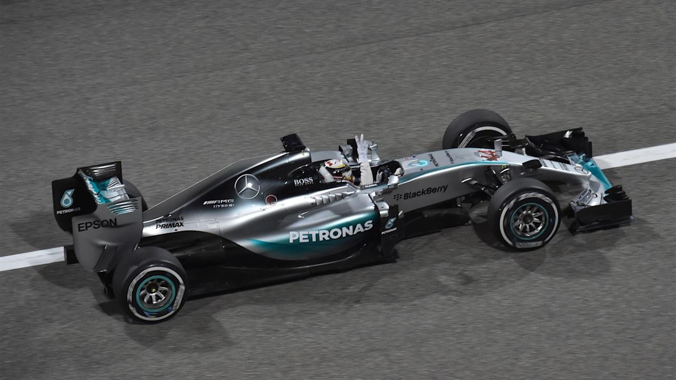 Lewis Hamilton (GBR) Mercedes AMG F1 W06 celebrates winning at Formula One World Championship, Rd4, Bahrain Grand Prix Race, Bahrain International Circuit, Sakhir, Bahrain, Sunday 19  April 2015. © Sutton Motorsport Images