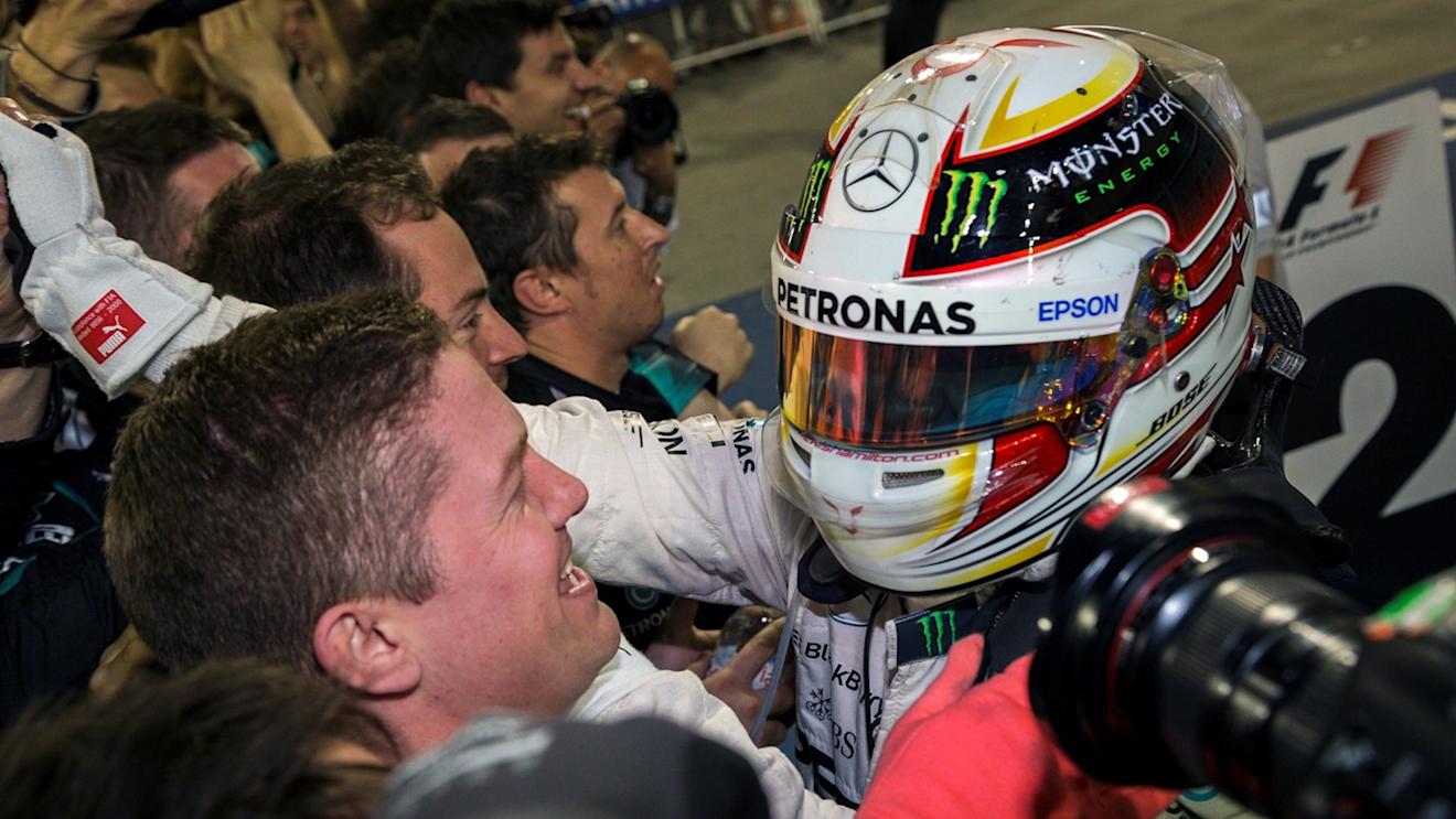 Lewis Hamilton (GBR) Mercedes AMG F1 celebrates in parc ferme at Formula One World Championship, Rd4, Bahrain Grand Prix Race, Bahrain International Circuit, Sakhir, Bahrain, Sunday 19  April 2015. © Sutton Motorsport Images