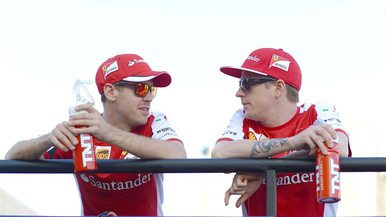 Sebastian Vettel (GER) Ferrari and Kimi Raikkonen (FIN) Ferrari during the drivers parade at Formula One World Championship, Rd4, Bahrain Grand Prix Race, Bahrain International Circuit, Sakhir, Bahrain, Sunday 19  April 2015. © Sutton Motorsport Images