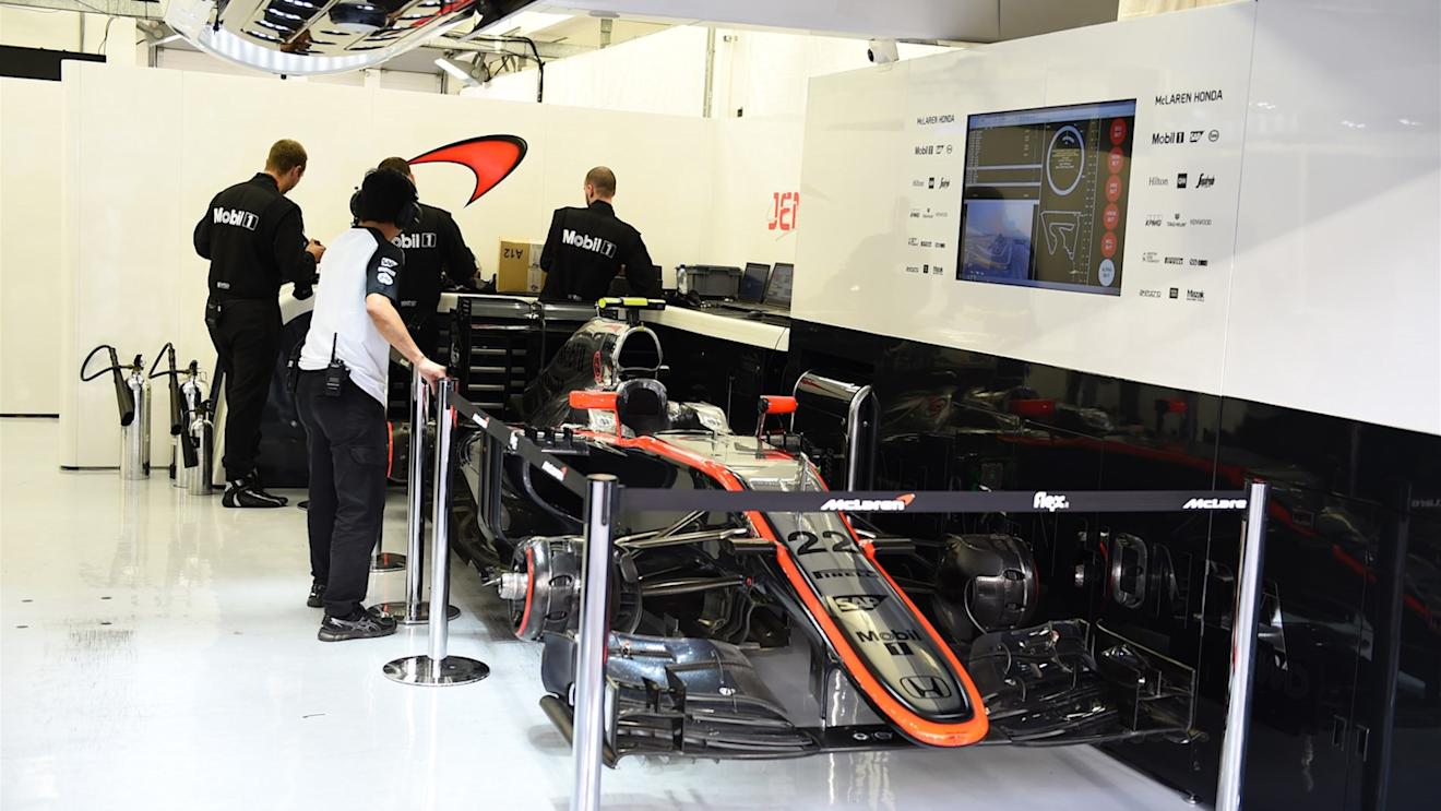 The car of non starter Jenson Button (GBR) McLaren MP4-30 in the garage at Formula One World Championship, Rd4, Bahrain Grand Prix Race, Bahrain International Circuit, Sakhir, Bahrain, Sunday 19  April 2015. © Sutton Motorsport Images