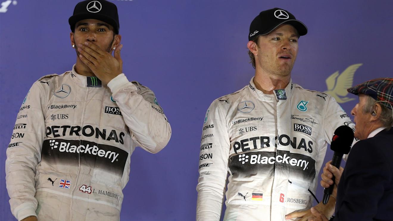 Race winner Lewis Hamilton (GBR) Mercedes AMG F1 on the podium with Nico Rosberg (GER) Mercedes AMG F1 and Jackie Stewart (GBR) at Formula One World Championship, Rd4, Bahrain Grand Prix Race, Bahrain International Circuit, Sakhir, Bahrain, Sunday 19  April 2015. © Sutton Motorsport Images