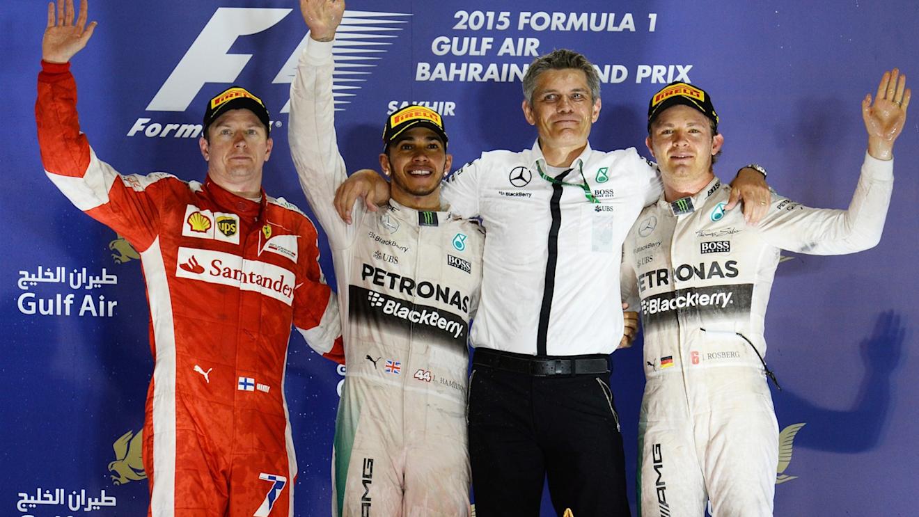 (L to R): Kimi Raikkonen (FIN) Ferrari, race winner Lewis Hamilton (GBR) Mercedes AMG F1 and Nico Rosberg (GER) Mercedes AMG F1 celebrate on the podium at Formula One World Championship, Rd4, Bahrain Grand Prix Race, Bahrain International Circuit, Sakhir, Bahrain, Sunday 19  April 2015. © Sutton Motorsport Images