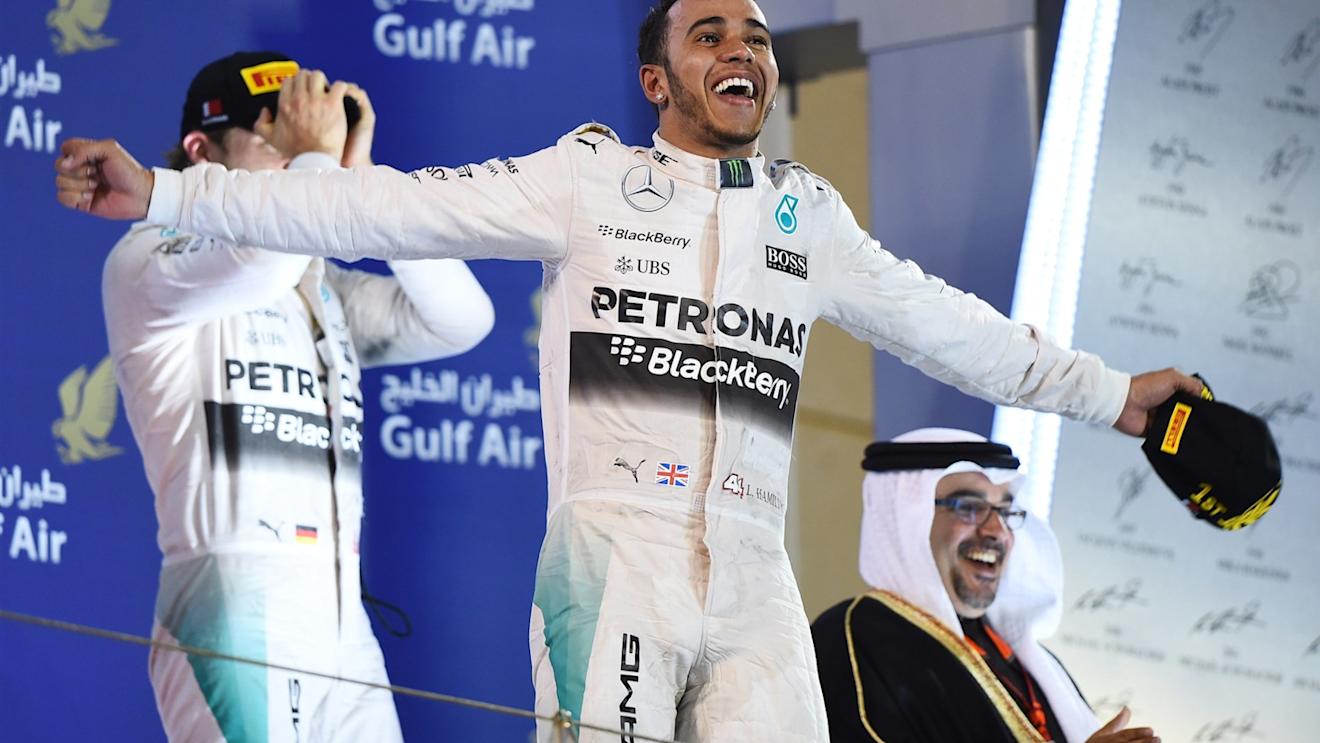 Race winner Lewis Hamilton (GBR) Mercedes AMG F1 celebrates on the podium at Formula One World Championship, Rd4, Bahrain Grand Prix Race, Bahrain International Circuit, Sakhir, Bahrain, Sunday 19  April 2015. © Sutton Motorsport Images