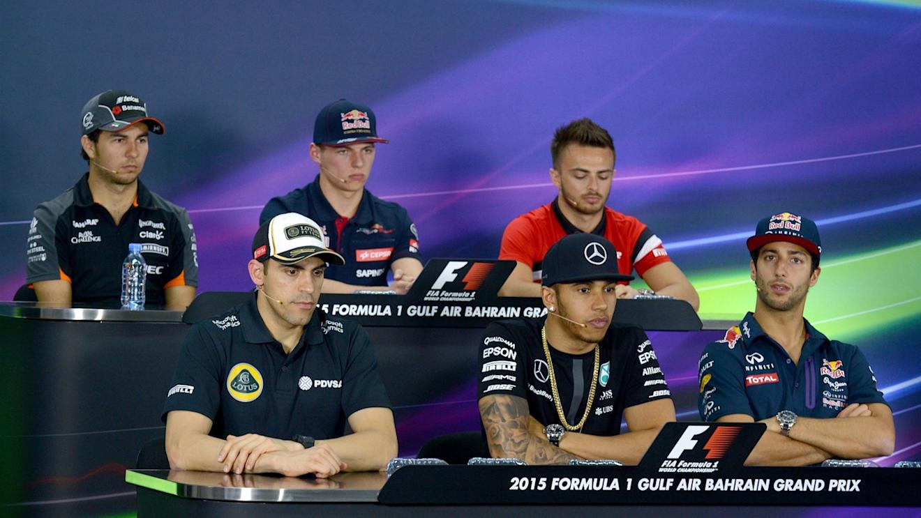 (L to R): Sergio Perez (MEX) Force India, Max Verstappen (NDL) Scuderia Toro Rosso, Will Stevens (GBR) Marussia, Pastor Maldonado (VEN) Lotus, Lewis Hamilton (GBR) Mercedes AMG F1 and Daniel Ricciardo at the Press Confernece at Formula One World Championship, Rd4, Bahrain Grand Prix Preparations, Bahrain International Circuit, Sakhir, Bahrain, Thursday 16  April 2015. © Sutton Motorsport Images
