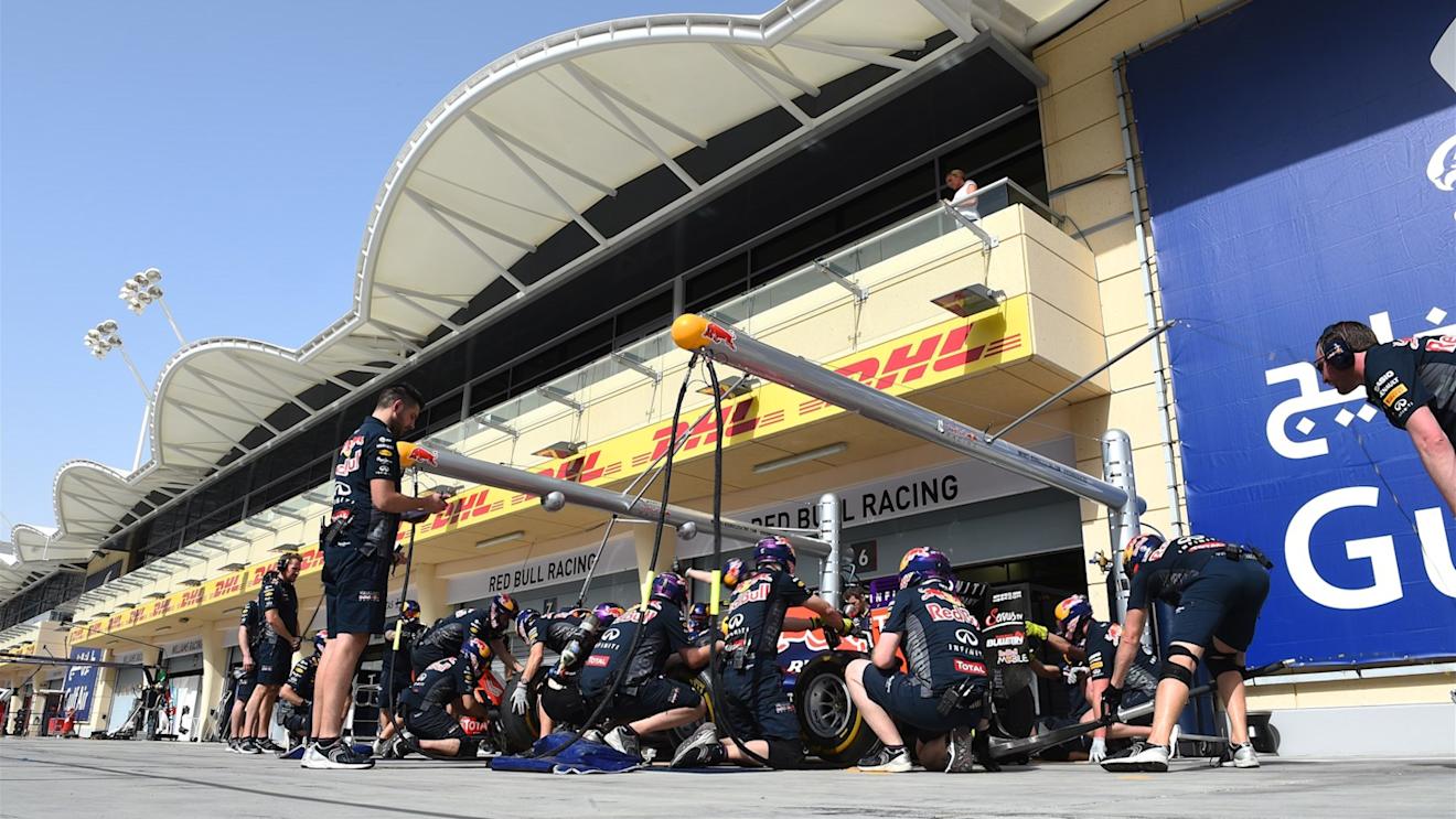 Red Bull Racing pit stop practice at Formula One World Championship, Rd4, Bahrain Grand Prix Preparations, Bahrain International Circuit, Sakhir, Bahrain, Thursday 16  April 2015. © Sutton Motorsport Images