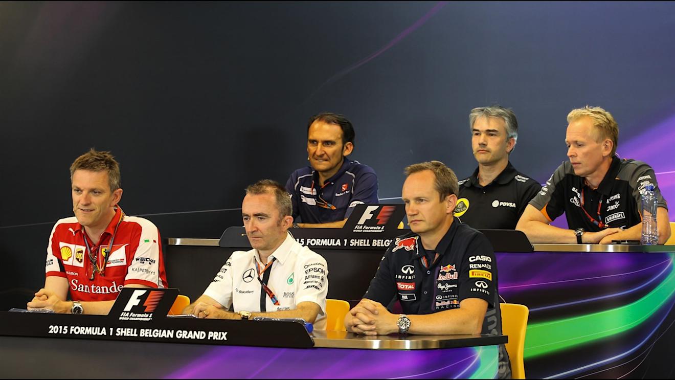 Giampaolo Dall'ara, Sauber Head of Track Engineering, Nick Chester (GBR) Lotus Technical Director, Andrew Green (GBR) Force India Technical Director, James Allison (GBR) Ferrari Chassis Technical Director, Paddy Lowe (GBR) Mercedes AMG F1 Executive Director and Paul Monaghan (GBR) Red Bull Racing Chief Engineer in the Press Conference at Formula One World Championship, Rd11, Belgian Grand Prix, Practice, Spa Francorchamps, Belgium, Friday 21 August 2015. © Sutton Motorsport Images