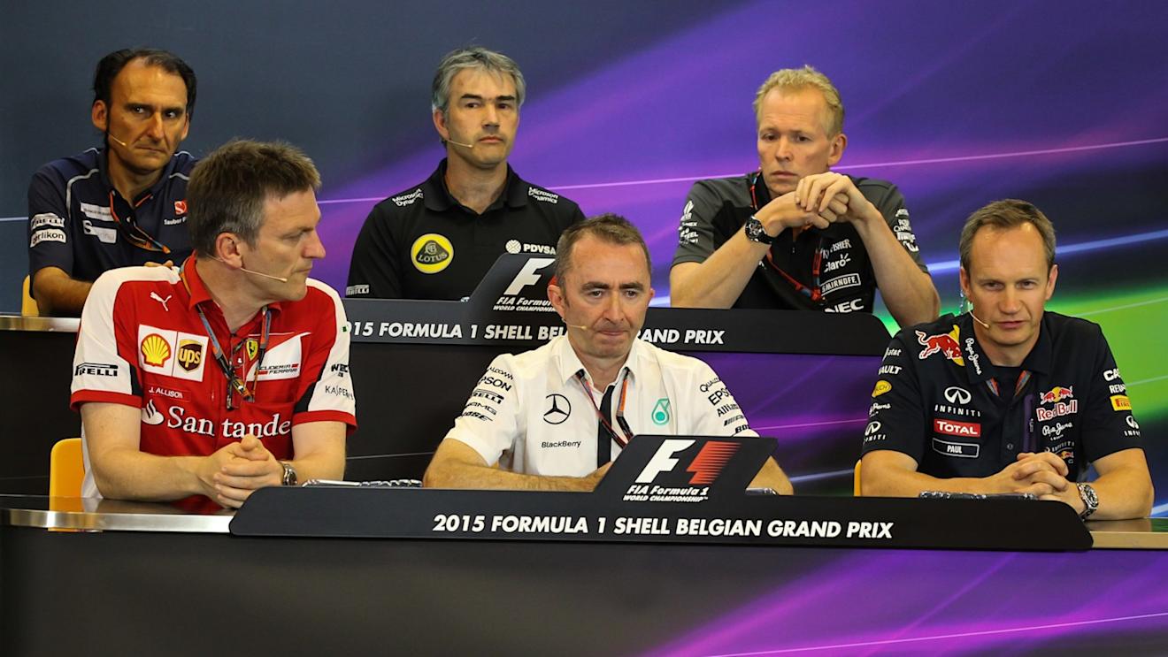 (L to R): Giampaolo Dall'ara, Sauber Head of Track Engineering, Nick Chester (GBR) Lotus Technical Director, Andrew Green (GBR) Force India Technical Director, James Allison (GBR) Ferrari Chassis Technical Director, Paddy Lowe (GBR) Mercedes AMG F1 Executive Director and Paul Monaghan (GBR) Red Bull Racing Chief Engineer in the Press Conference at Formula One World Championship, Rd11, Belgian Grand Prix, Practice, Spa Francorchamps, Belgium, Friday 21 August 2015. © Sutton Motorsport Images