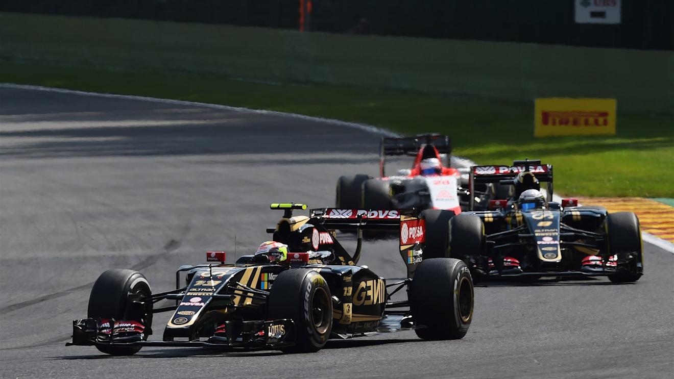 Pastor Maldonado (VEN) Lotus E23 Hybrid leads team-mate Romain Grosjean (FRA) Lotus E23 Hybrid at Formula One World Championship, Rd11, Belgian Grand Prix, Practice, Spa Francorchamps, Belgium, Friday 21 August 2015. © Sutton Motorsport Images