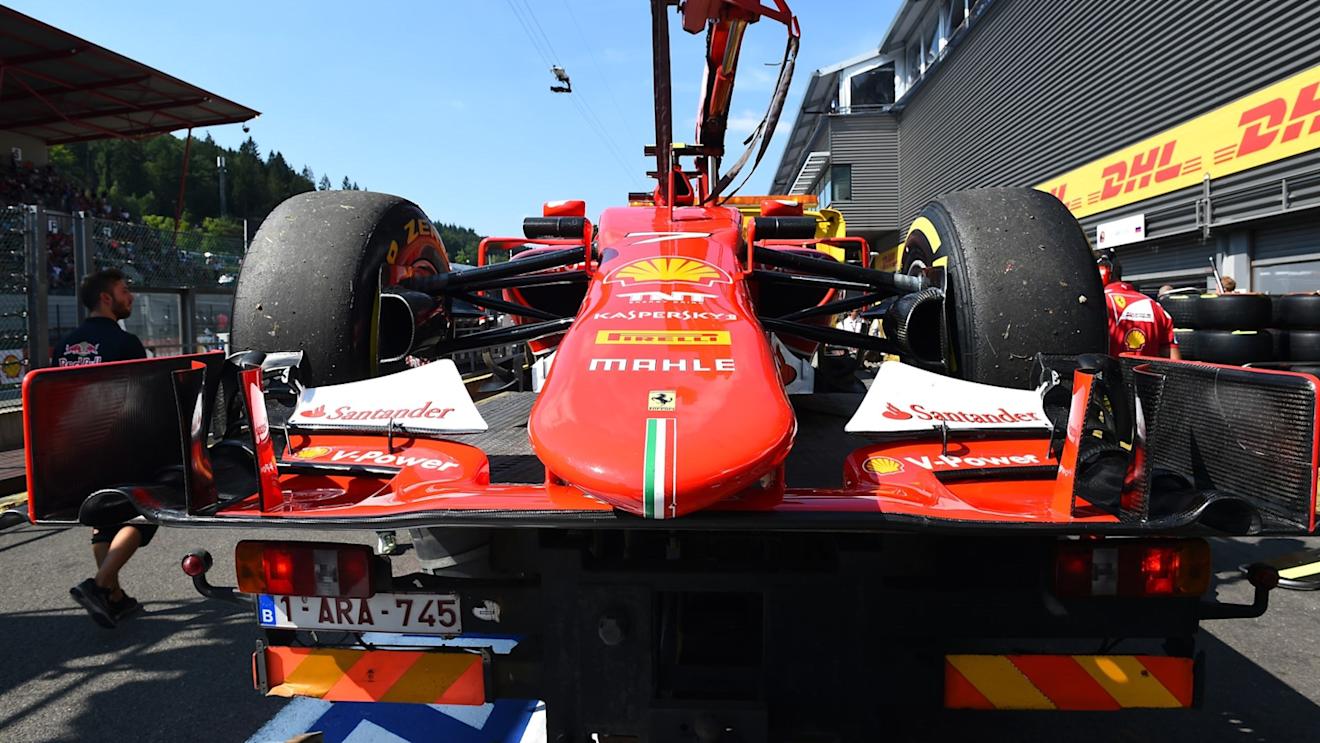 The car of Kimi Raikkonen (FIN) Ferrari SF15-T is recovered after stopping on track due to mechanical failure in Q2 at Formula One World Championship, Rd11, Belgian Grand Prix, Qualifying, Spa Francorchamps, Belgium, Saturday 22 August 2015. © Sutton Motorsport Images