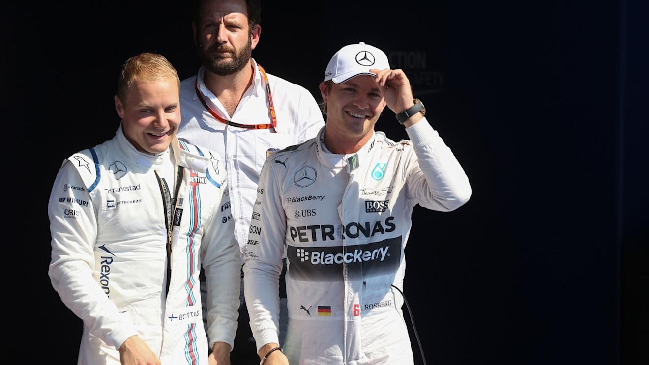 Valtteri Bottas (FIN) Williams and Nico Rosberg (GER) Mercedes AMG F1 celebrate in parc ferme at Formula One World Championship, Rd11, Belgian Grand Prix, Qualifying, Spa Francorchamps, Belgium, Saturday 22 August 2015. © Sutton Motorsport Images