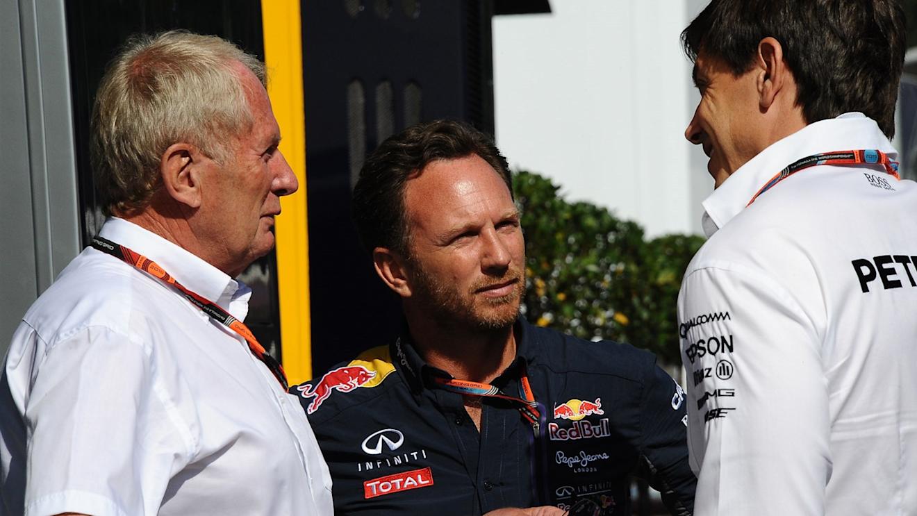 Dr Helmut Marko (AUT) Red Bull Motorsport Consultant, Christian Horner (GBR) Red Bull Racing Team Principal and Toto Wolff (AUT) Mercedes AMG F1 Director of Motorsport at Formula One World Championship, Rd11, Belgian Grand Prix, Qualifying, Spa Francorchamps, Belgium, Saturday 22 August 2015. © Sutton Motorsport Images