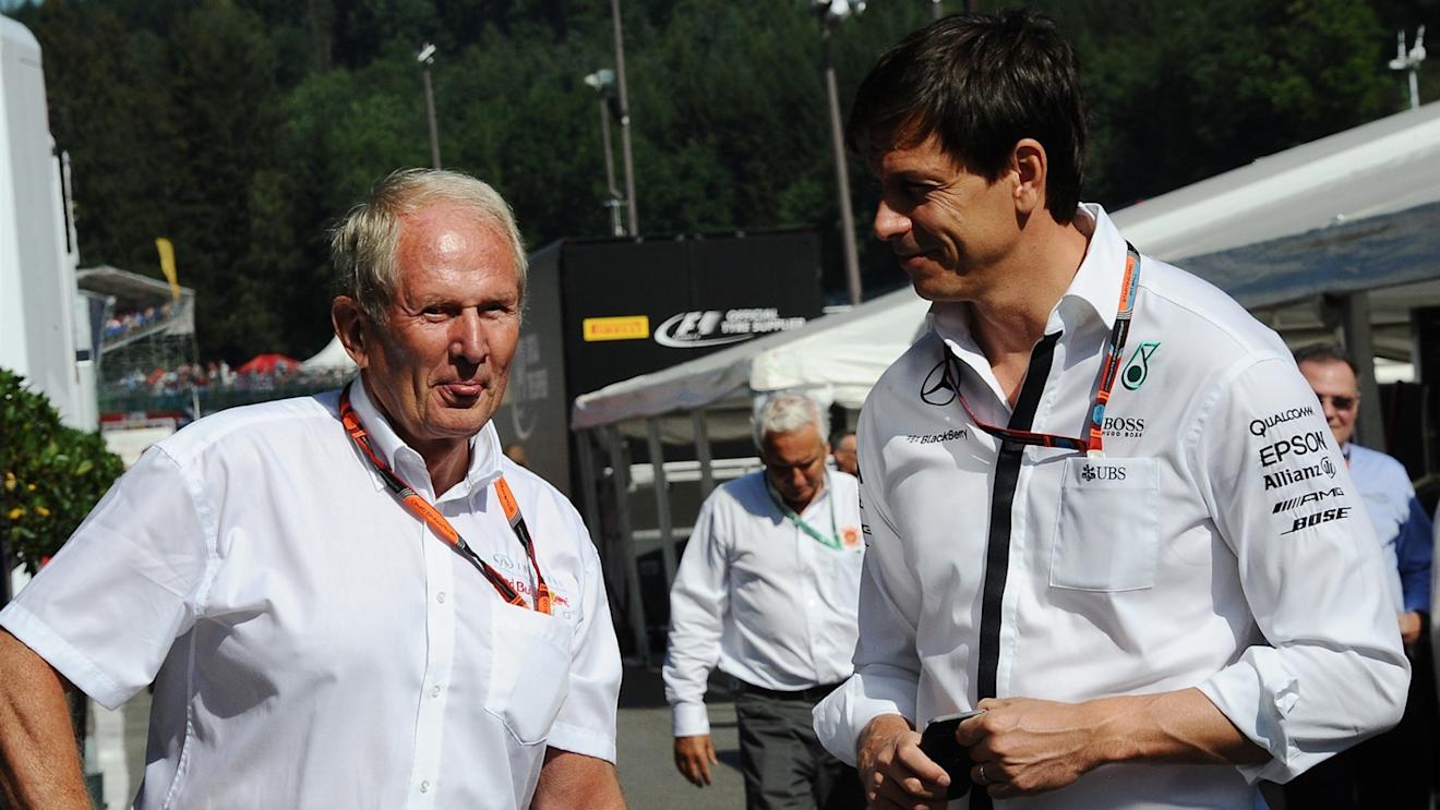 Dr Helmut Marko (AUT) Red Bull Motorsport Consultant and Toto Wolff (AUT) Mercedes AMG F1 Director of Motorsport at Formula One World Championship, Rd11, Belgian Grand Prix, Qualifying, Spa Francorchamps, Belgium, Saturday 22 August 2015. © Sutton Motorsport Images